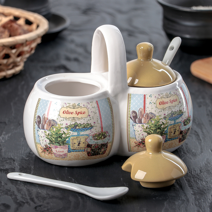 Банка для специй "Оливки" 2 секции 0,2 л, 2 ложки, 16х8,5х13 см