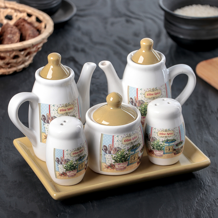 Набор для специй на подставке 5 шт "Оливки" 2 соусника 0,2 л, сахарница 150мл, солон 50 мл