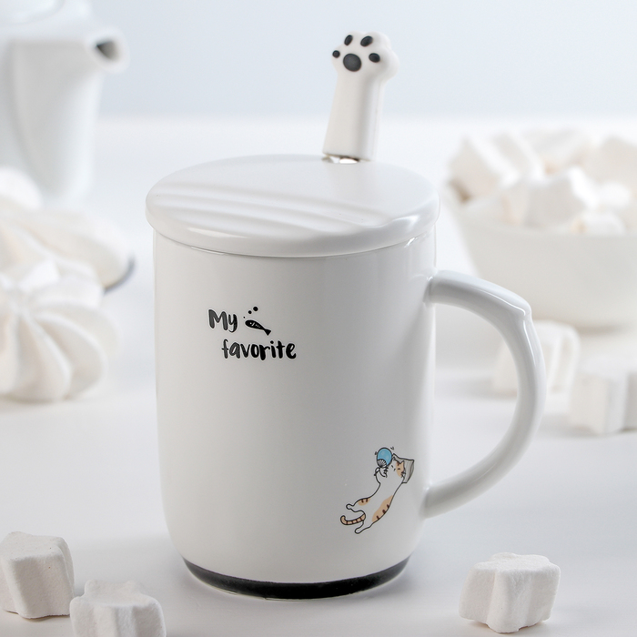 Кружка с крышкой и ложкой "Котик на подушке" 420 мл, 12х8х11,5 см, рисунок МИКС