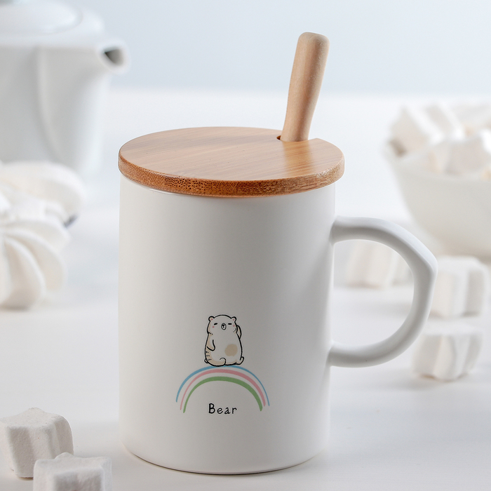 Кружка с крышкой и ложкой "На радуге" 420 мл, 11х7,5х10 см, рисунок МИКС