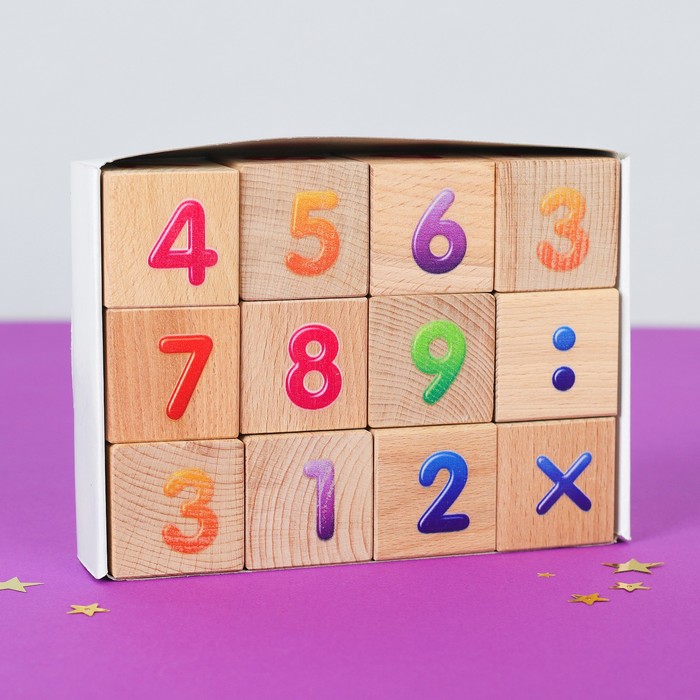 Кубики деревянные &quot;Счет&quot; 12 шт (Цв.цифры с эффектом объема на неокр. кубиках)