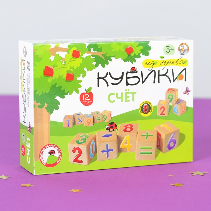 Кубики деревянные "Счет" 12 шт (Цв.цифры с эффектом объема на неокр. кубиках)