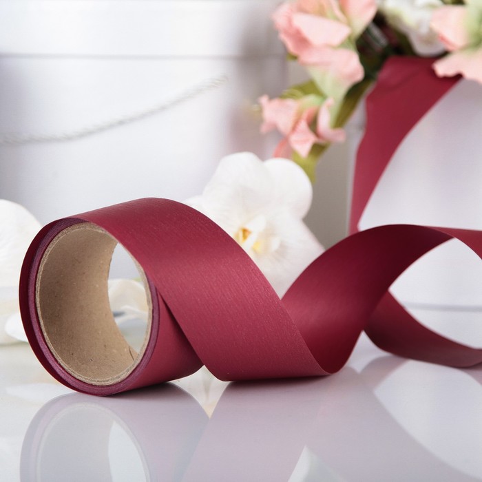 Лента для декора и подарков "Аспидистр" 5 см х 10 м, тиснение, бордовая