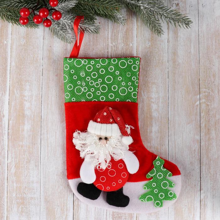 носок для подарков дед мороз блеск снежинка 13х16 см красно зелёный Носок для подарков Дед Мороз с ёлочкой 19х26 см, красно-зелёный