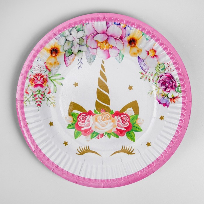 цена Тарелка бумажная «Единорог и цветы», набор 6 шт., цвет розовый