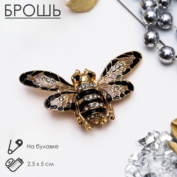 Брошь «Пчела» с ажурными крыльями, цвет чёрно-белый в золоте