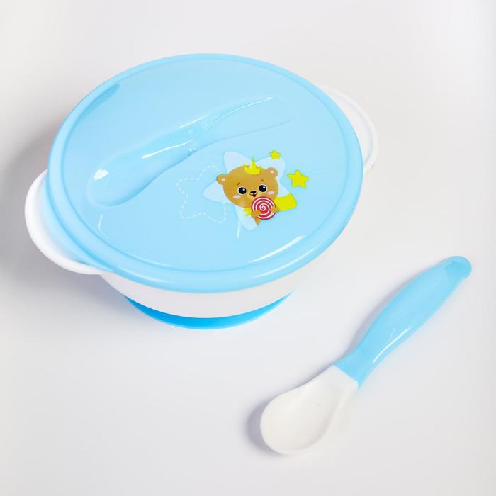 цена Набор детской посуды «Счастливый малыш», 3 предмета: тарелка на присоске, крышка, ложка, цвет голубой