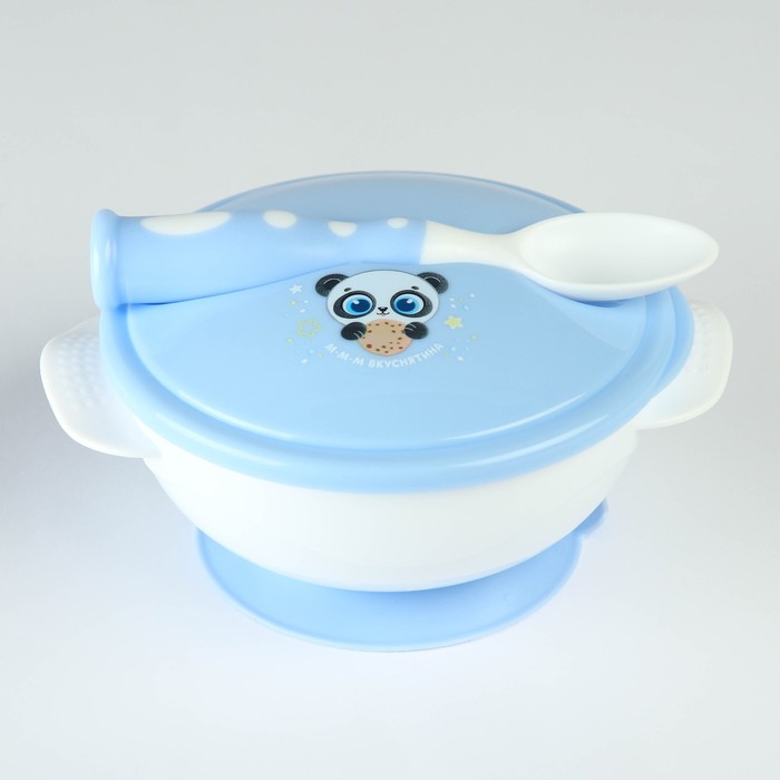 Набор детской посуды «Сладкий малыш», 3 предмета: тарелка на присоске, крышка, ложка, цвет голубой фотографии