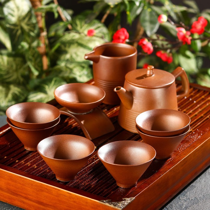 Набор для чайной церемонии керамический «Кафей», 9 предметов: 6 пиал 100 мл, чайник 350 мл, чахай 250 мл, фильтр с подставкой