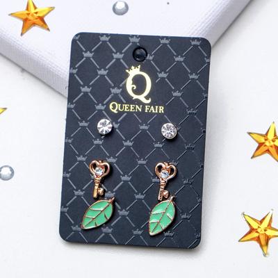 Пуссеты 3 пары "Листик и ключ", цвет зелёный в золоте