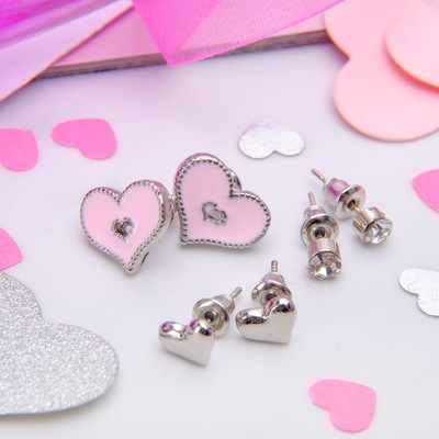 Пуссеты 3 пары "Сердечки", цвет розовый в серебре