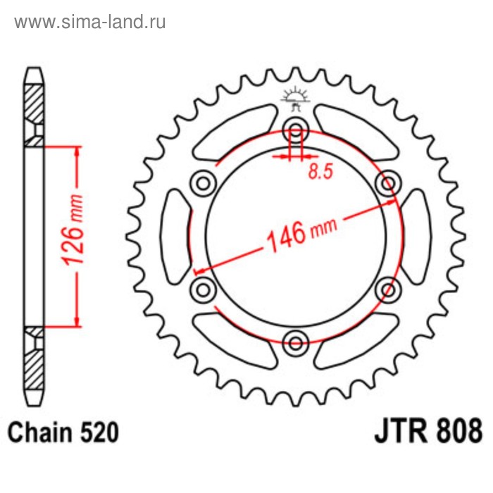 Звезда ведомая, JT sprockets R808-44, цепь 520, 44 зубья