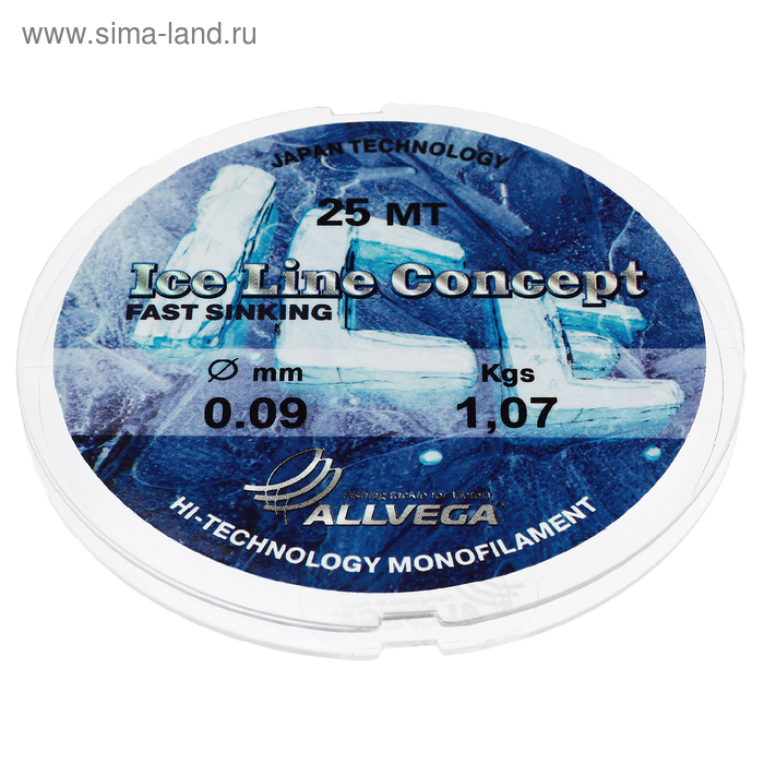 Леска монофильная ALLVEGA «Ice Line Concept», 25 м, 0,09 мм (1,07 кг), прозрачная