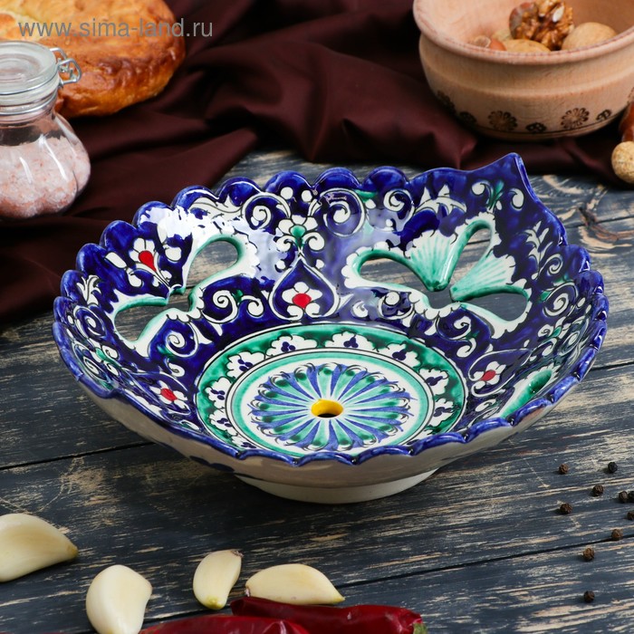 Блюдо Риштанская Керамика Цветы, 25 см, синее, рифлёное, овальное