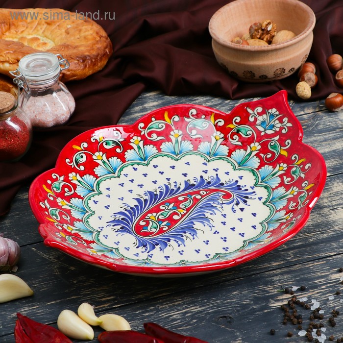 Блюдо Риштанская Керамика Узоры , 34 см, красное, рифлёное, овальное фруктовница риштанская керамика цветы 29 см красное рифлёное овальное