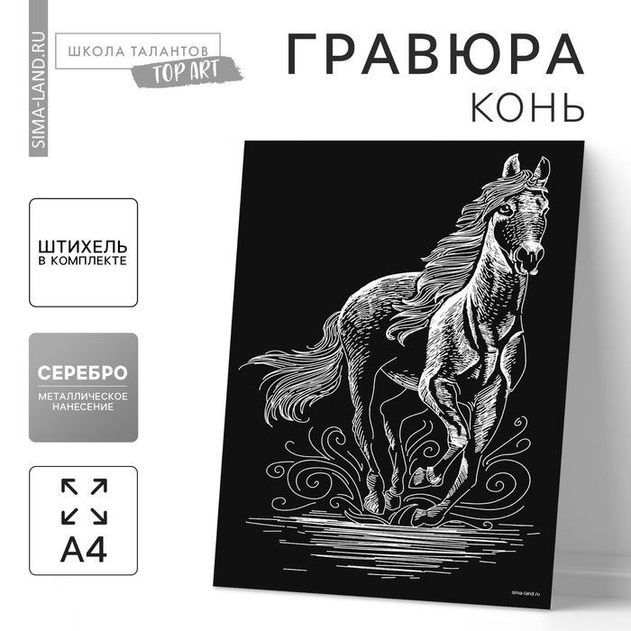 Гравюра «Конь» с металлическим эффектом «серебро» А4 гравюра щенок хаски с металлическим эффектом серебро а4