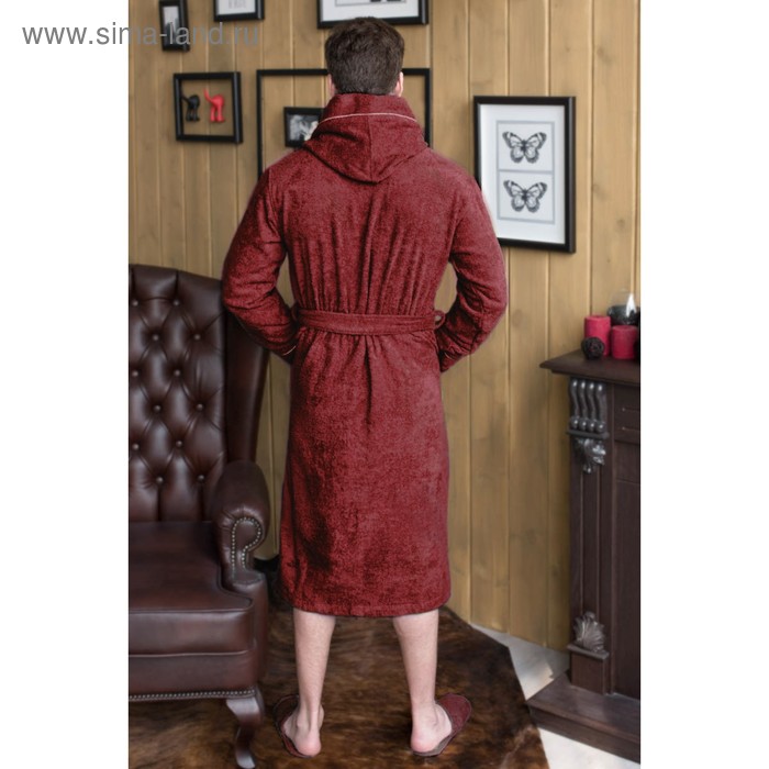 фото Халат мужской с капюшоном, размер 62, бордовый, махра homeliness