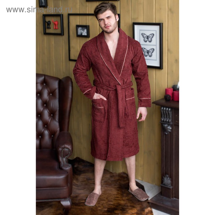 фото Халат мужской, шалька, размер 56, бордовый, махра homeliness
