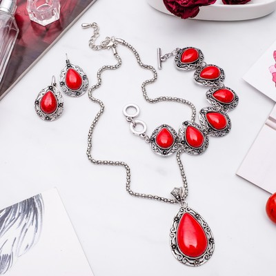 Гарнитур 3 предмета: серьги, кулон, браслет восток "Коралл" капля, цветы