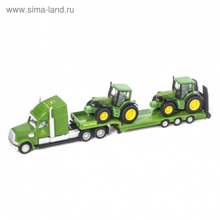 Игрушечный тягач John Deere с двумя тракторами, зелёный, масштаб 1:87