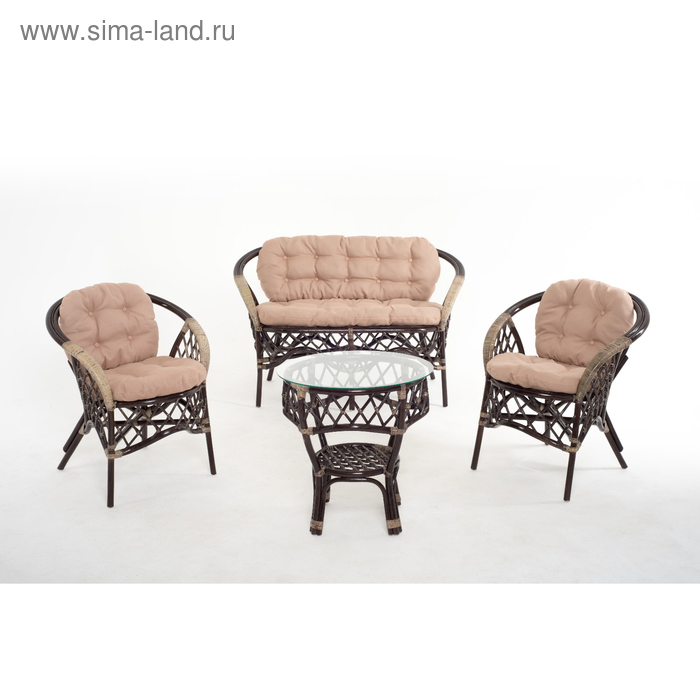 фото Набор мебели, 4 предмета: диван, два кресла, стол, с подушкой, натуральный ротанг, цвет темно-коньячный, 01/92 vinotti