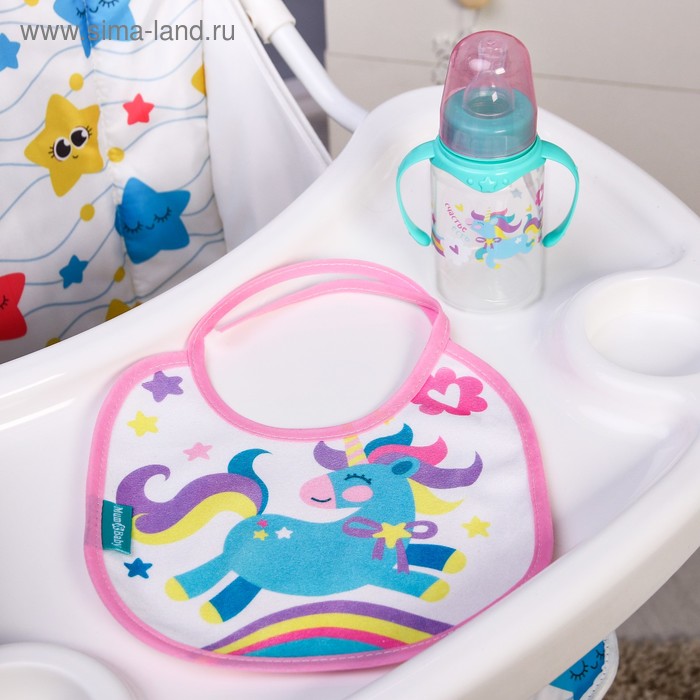 фото Подарочный детский набор «волшебная пони»: бутылочка для кормления 150 мл + нагрудник детский непромокаемый из махры mum&baby