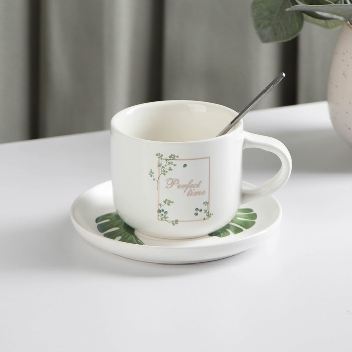 Набор керамический чайный с ложкой «Ботаника», 2 предмета: чашка 200 мл, блюдце, цвет МИКС набор чайный аргента герб чашка серебро с ложкой с футляром