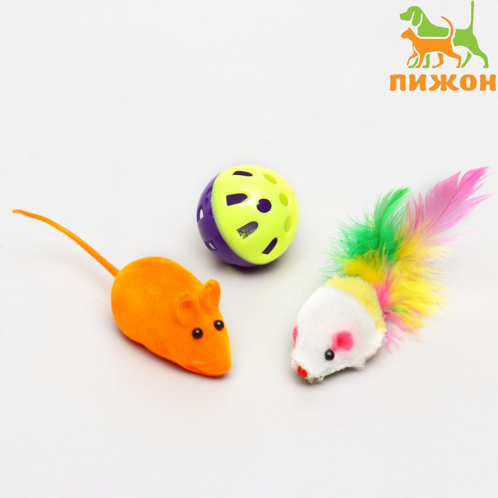 фото Набор игрушек для кошек: 2 мыши (5 и 6 см) и шарик 3,8 см, микс цветов пижон