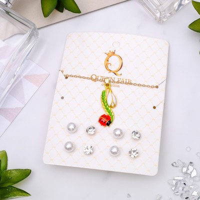 Гарнитур 5 предметов: 4 пары пуссет, кулон "Цветочек", цвет красно-зелёный в золоте