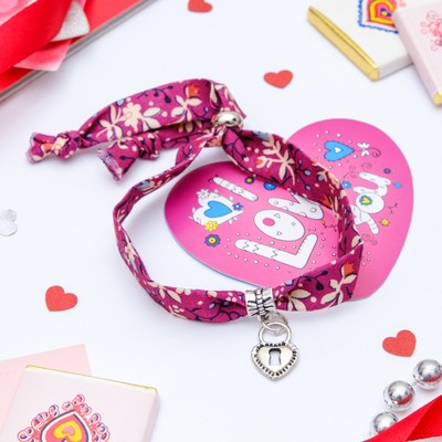 Набор браслет+открытка, "Любовь" замок, цвет малиновый в чернёном серебре