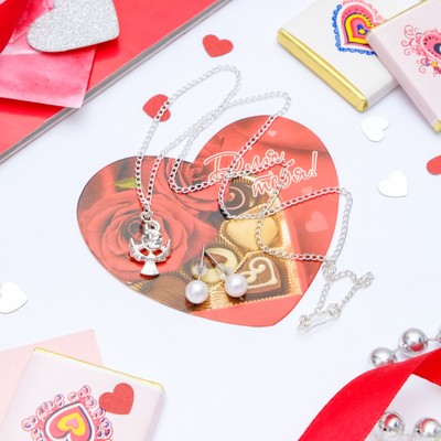 Гарнитур+открытка 2 предмета: серьги, кулон "Ангел", цвет белый в серебре, 43см