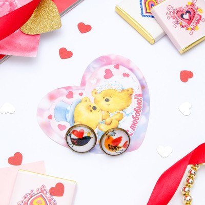 Набор серьги+открытка, Candy птички влюблённые, цветные в чернёном золоте