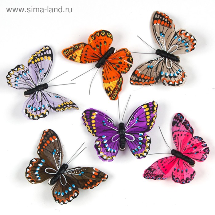Бабочки перьевые на прищепке «Совершенство», 9 см, набор 6 штук