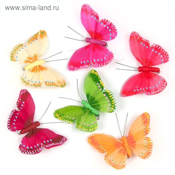 Бабочки перьевые на прищепке «Яркое лето», 9 см, набор 6 штук