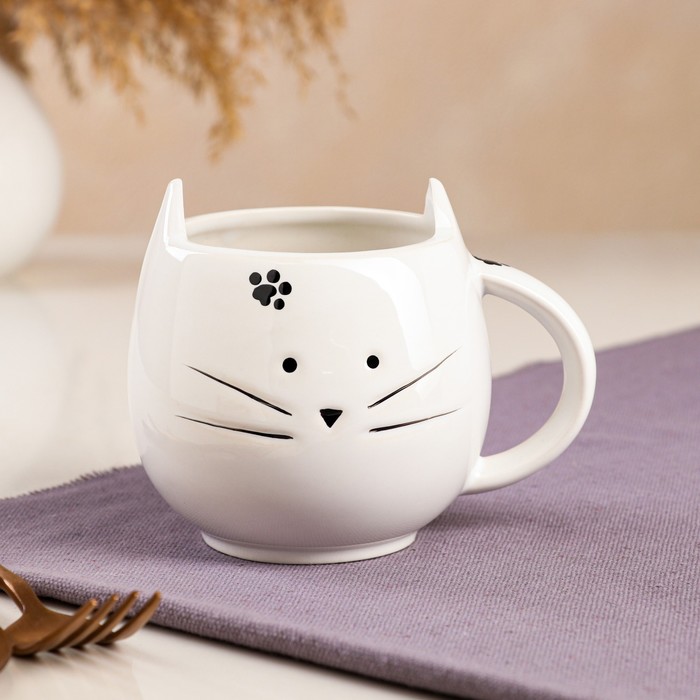 фото Кружка «кот», цвет белый, 0,4 л керамика ручной работы