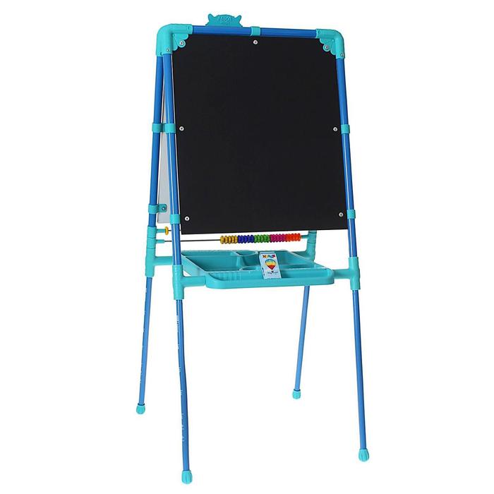 Мольберт двухсторонний растущий, со счётами, с большим пеналом, магнитными буквами, цифрами и мозаикой, цвет голубой