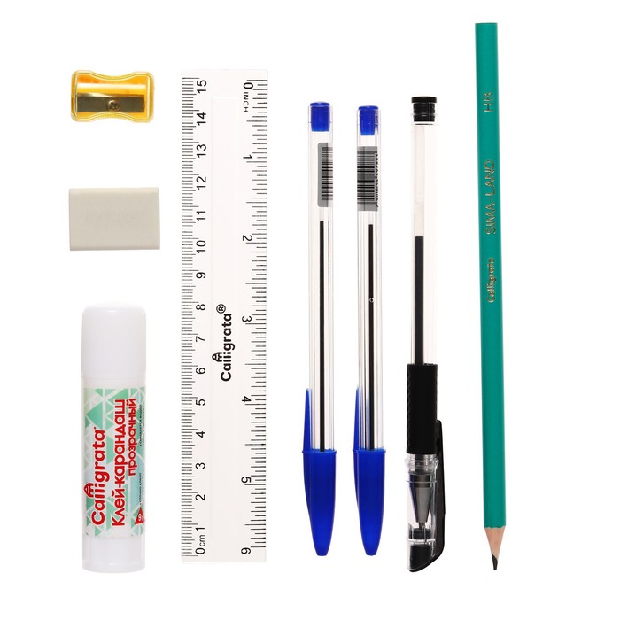 Набор канцелярский, детский, 8 предметов: 2 синих ручки, черная гелевая, ластик, точилка, линейка, карандаш ч/г,клей МИКС