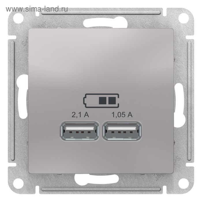 Розетка SE ATLASDESIGN, USB , 2 порта (2.1 А / 1.05 А), 5 В, механизм, цвет алюминий