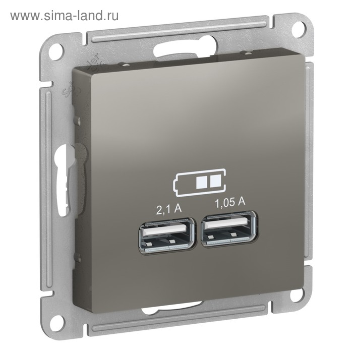 

Розетка SE ATLASDESIGN, USB , 2 порта (2.1 А /1.05 А), 5 В, механизм, цвет сталь