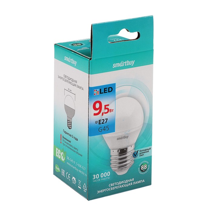 Лампа cветодиодная Smartbuy, G45, Е27, 9.5 Вт, 6000 К, холодный белый свет