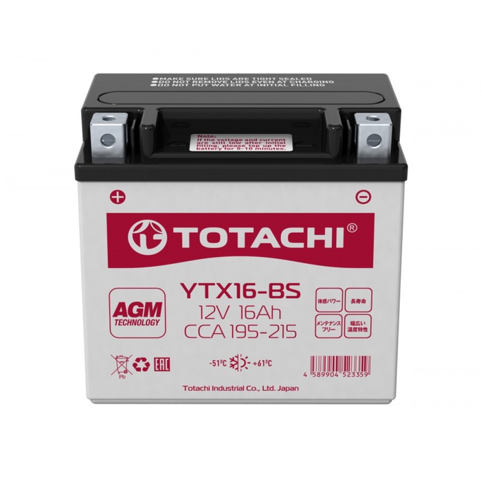 Аккумуляторная батарея Totachi MOTO YTX16-BS, 16 Ач, прямая полярность аккумуляторная батарея delta ст1214 ytx14 bs ytx14h bs ytx16 bs yb16b a 12v 14 ач прямая