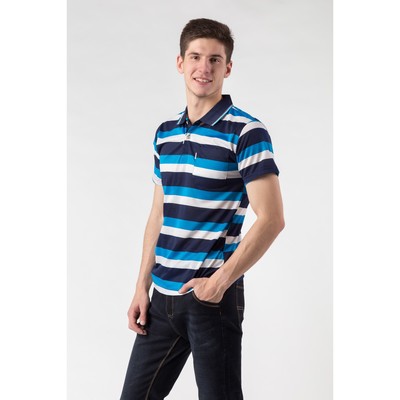Футболка поло мужская, голубая-белая полоска,р.48, цв.тёмно-синий, 65% хлопок 35% полиэстер   388953