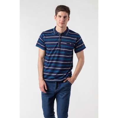 Футболка поло мужская, тонкая голубая полоска,р.48,цв.тёмно-синий, 65%хлопок 35%полиэстер