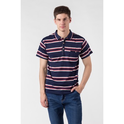 Футболка поло мужская, красная полоска,р.48, цв.тёмно-синий, 65% хлопок 35% полиэстер