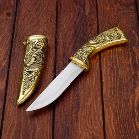 Сувенирный нож, рукоять под золото, расписная объемная, на ножнах пес, 5х30 см Ош
