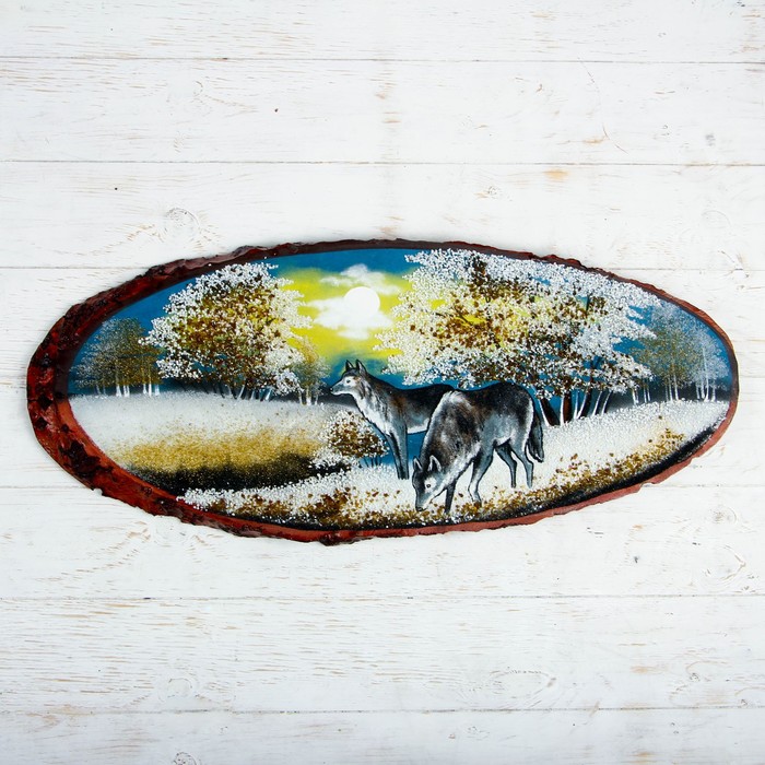 Панно на спиле "Зима. Волки", 75-79 см, каменная крошка, горизонтальное