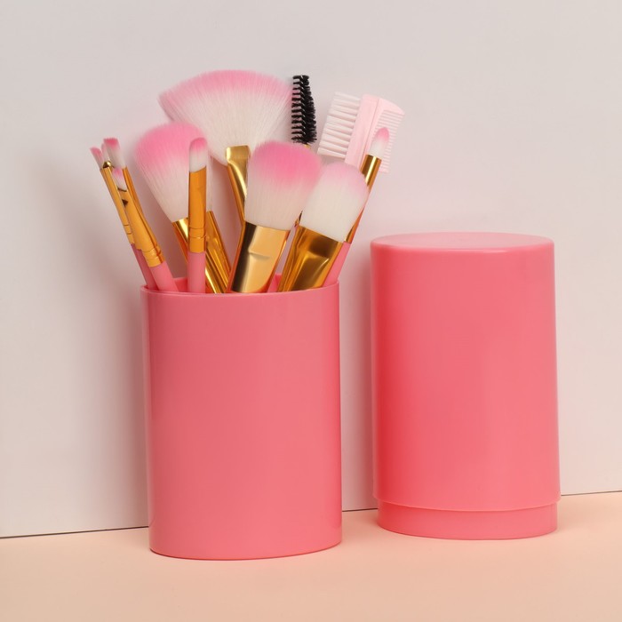 Набор кистей для макияжа, 12 предметов, футляр, цвет розовый набор кистей для макияжа 12 предметов футляр цвет розовый