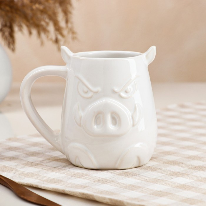 фото Кружка "свинка", для охлаждённых напитков, белая, 0.35 л керамика ручной работы