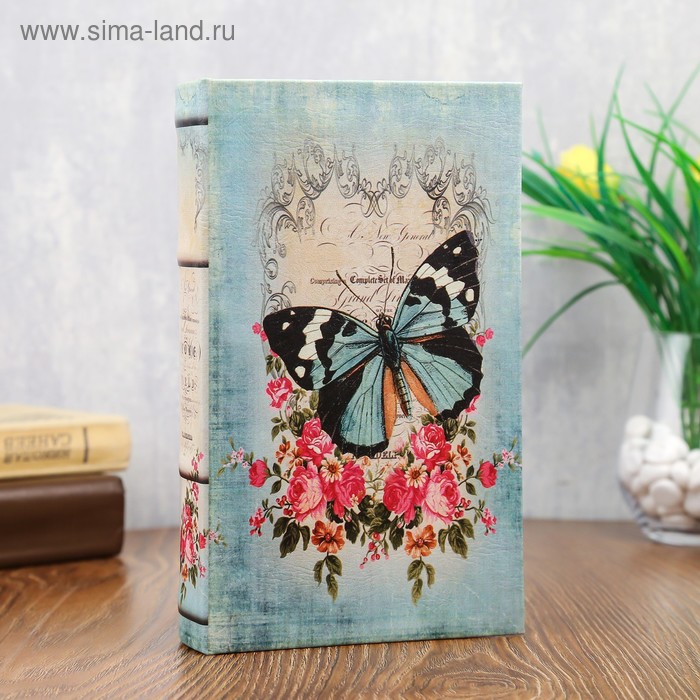 Сейф-книга дерево Бабочки в цветах. Винтаж кожзам 21х13х5 см