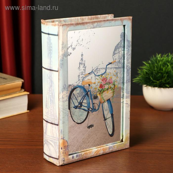 фото Сейф-книга дерево "велосипед с цветами в корзине" кожзам, зеркальная 24х16х5 см